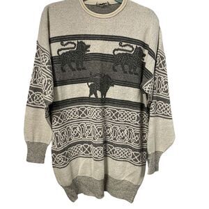 Vintage HAUBER Sporting Life Sweater Animal Lion Dog 14 Gray Wool‎ Angora Blend